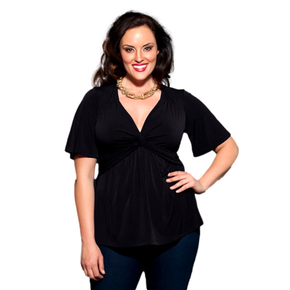 Kiyonna Top 1X Abby Twist Black Twist Front Slimming Versatile Flutter Sleeves - Picture 9 of 11